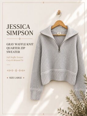 Jessica Simpson Gray Waffle Knit Quarter Zip Sweater Size L